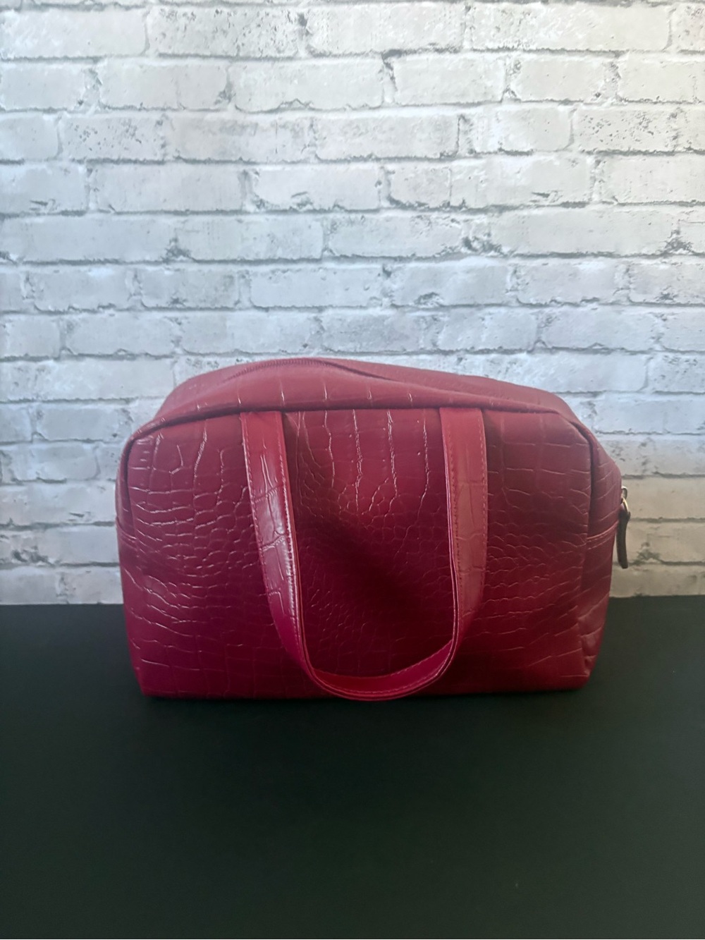 Faux Croc Structured Travel Cosmetic Bag - Deep Berry